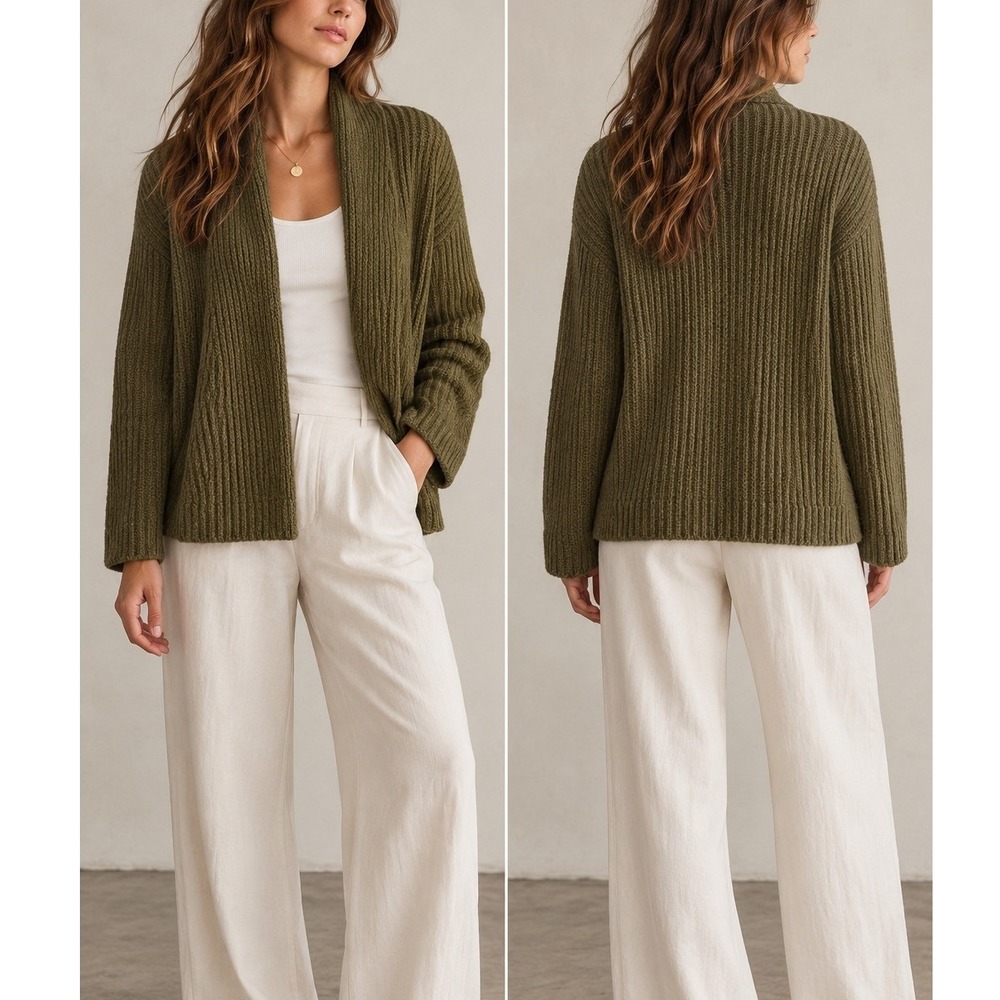 EILEEN FISHER Alpaca Silk Ribbed Cardigan Sweater Olive Green